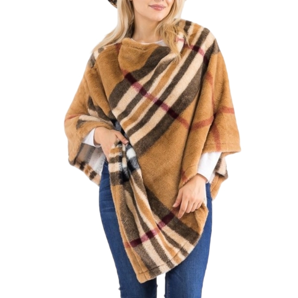 Tartan Plaid Tan Teddy Pullover Poncho OS